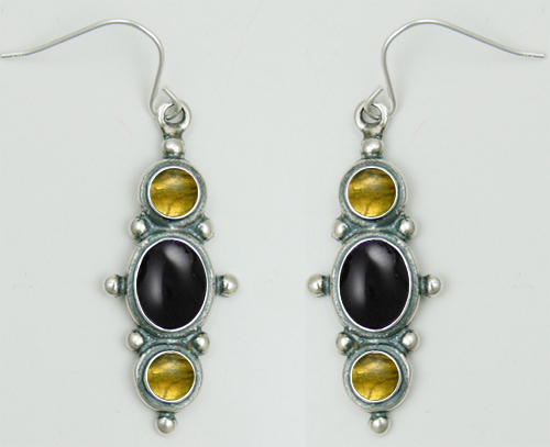 Sterling Silver Drop Dangle Earrings With Black Onyx And Citrine